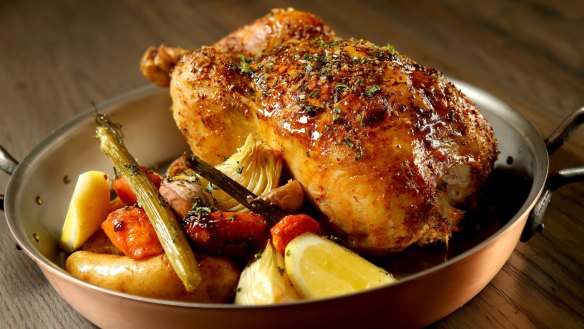 Burnished bird: rotisserie chicken with gravy and vegetables.