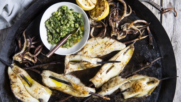 Karen Martini's barbecued calamari with green tomato, herb and chilli salsa.