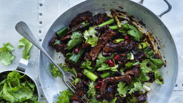Stir-fried lamb with coriander and Sichuan pepper.