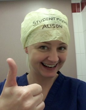 Student midwife Alison Brindle gifted Dr Hackett's intervention with the hash tag #TheatreCapChallenge.