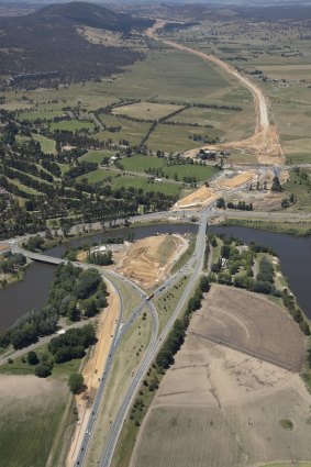 An aerial photograph of early work on the Majura Parkway. 