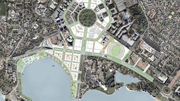 An aerial diagram of the City to the Lake development area. Questions remain as to whether the Parkes Way/Coranderrk Street roundabout will have to be moved before UNSW redevelops a Constitution Avenue car park. 