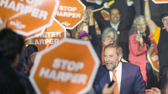 New Democratic Party leader Tom Mulcair at a rally in Vancouver, British Columbia,  on Saturday.