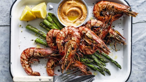 Barbecued prawns and asparagus with lemon pepper mayonnaise.