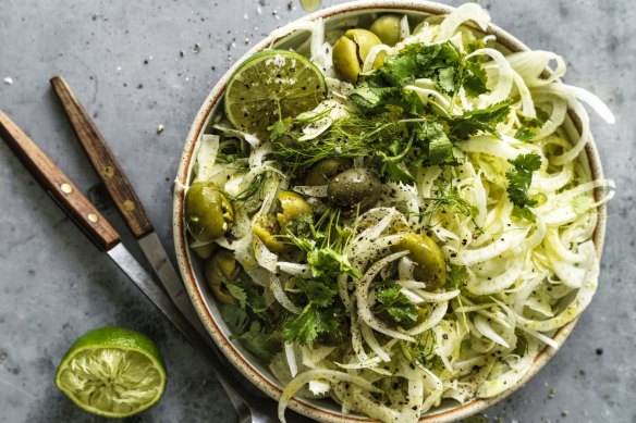 Simple fennel salad with olives and lime.
