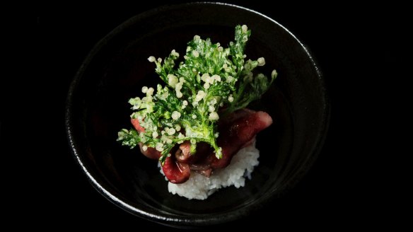 Charcoal grilled David Blackmore wagyu; sushi rice, shungiku tempura at Sepia.