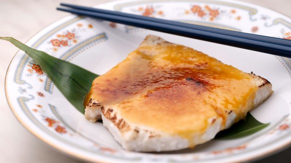Proteins are presented simply, such as this grilled swordfish with miso.