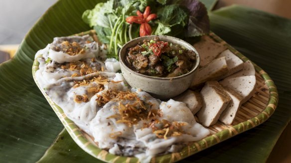 Steamed rice noodle roll with mixed pork pieces and grilled pork at Banh Cuon Ba Oanh in Marrickville. 