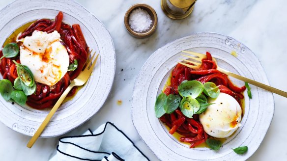 Burrata with basil and capsicum salad.