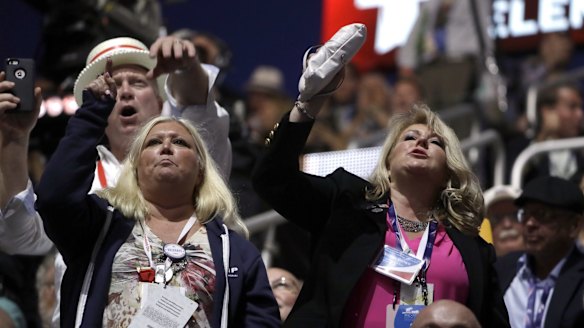 People react to Senator Ted Cruz during the third day of the Republican National Convention in Cleveland, Ohio.