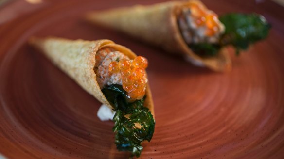 Paprika cones with mackerel brandada are a cute, not-so-traditional tapas idea that works at Born by Tapavino.