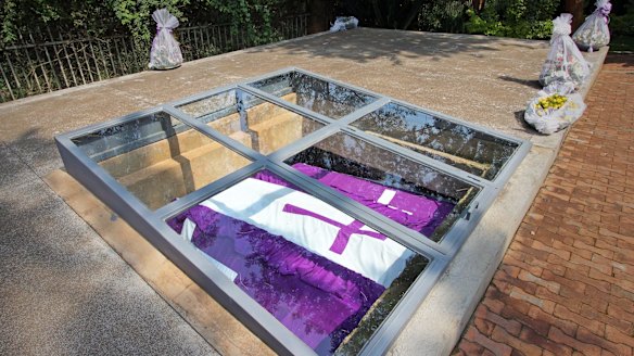 Open tombs of the 500,000 murdered tutsi tribespeople at the Rwandan Genocide Memorial in Kigali, Rwanda.