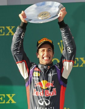 Daniel Ricciardo celebrates after placing second in Melbourne.