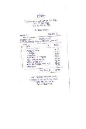 Receipt for lunch with Mark Rubbo.