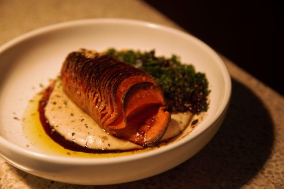 Hassleback sweet potato, currants, bread sauce and hazelnuts at Ates.