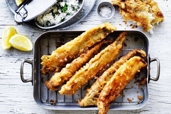 Fried whiting with beer batter.