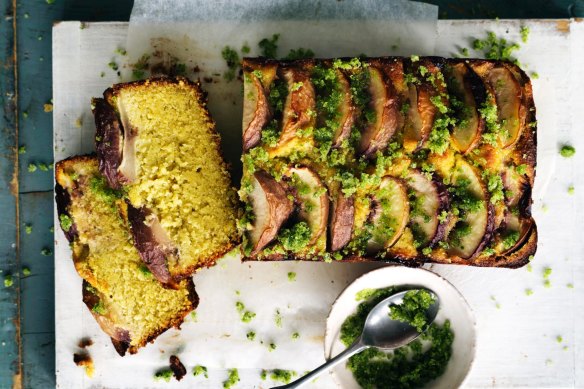 Nectarine, polenta and basil loaf cake.
