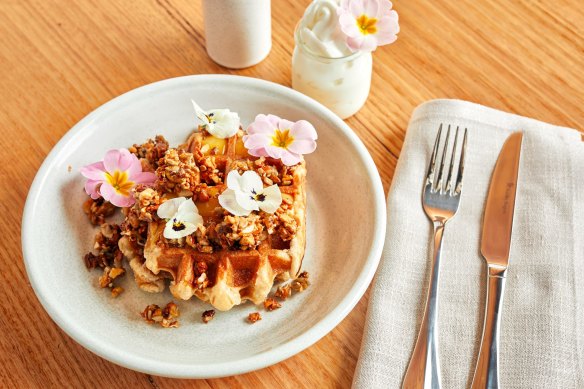 Waffles, cinnamon sugar, lemon curd, and honey nut clusters at Robert Gordon Kitchen, Pakenham.