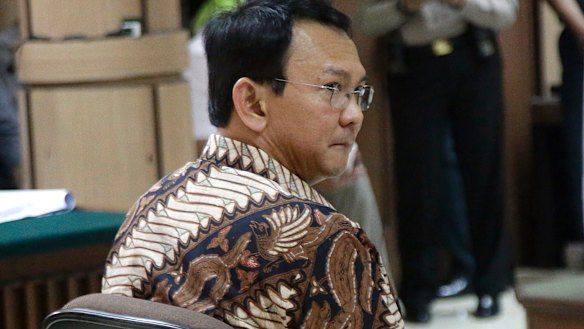 Ahok is seen during his trial at the North Jakarta District Court on blasphemy charges. 