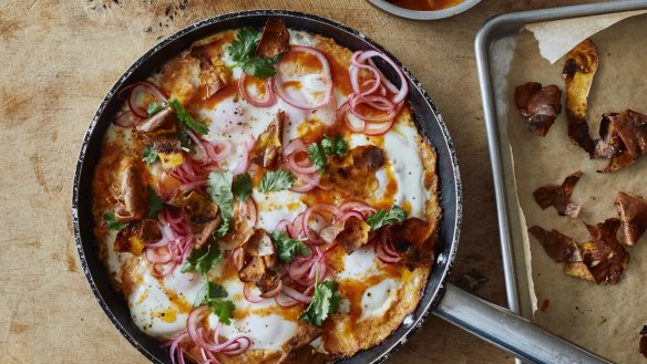 Plant-based twist: Sweet potato shakshuka with sriracha butter and pickled onions.