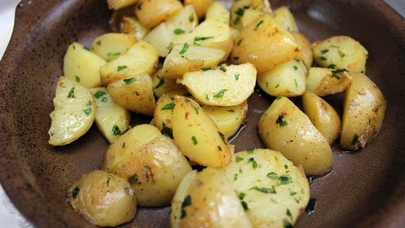Closeup of the Roasted Potatoes Baked potatoes with herbs for Owen Pidgeon's column March 2.