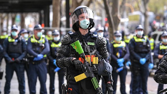 Police at the CFMEU protest in Melbourne. 