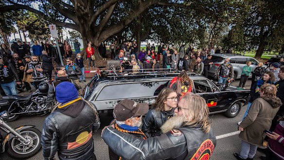 Archie Roach's body being Escorted by the Southern Warriors Aboriginal Motorcycle Club next to Cleve Gardens in St Kilda.
