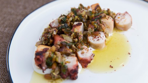 Charred octopus, pistachio and green olive salsa and labna.