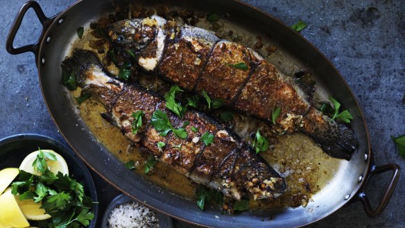 Whole stuffed trout with mushrooms and brown butter for Adam Liaw's five ways with fish.