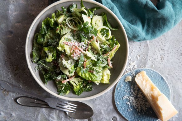 Broccoli, cos lettuce & pancetta with a broccoli stalk yoghurt cream.