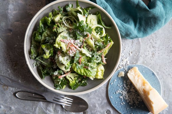 Broccoli, cos lettuce & pancetta with a broccoli stalk yoghurt cream.