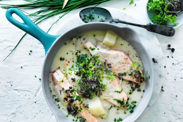 Adam Liaw's 'superfood' chowder with salmon, potato and wombok.