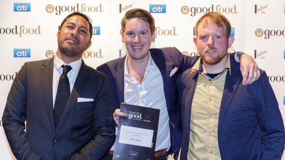 The team from Bar Liberty, winner of the Don Levy Fitzpatrick Award (for restaurant-quality food in a bar setting). Pictured from left: Manu Potoi, Banjo Harris Plane and Casey Wall.