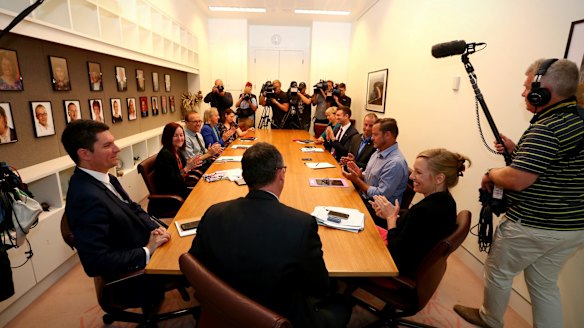 Greens leader Richard Di Natale addresses the party room at Parliament House in Canberra last year.
