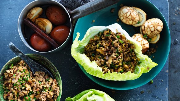 Tea eggs and sang choy bao.