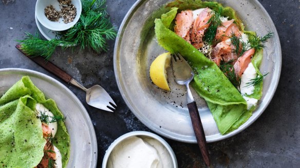 Jill Dupleix's Finnish spinach pancakes with smoked trout and dill.