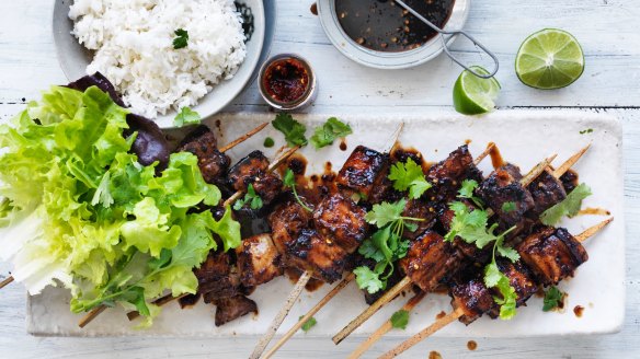 Jill Dupleix's spicy sambal pork belly skewers.