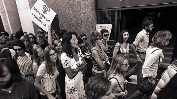 Germaine Greer takes part in a Women's Liberation march in Sydney in 1972.
