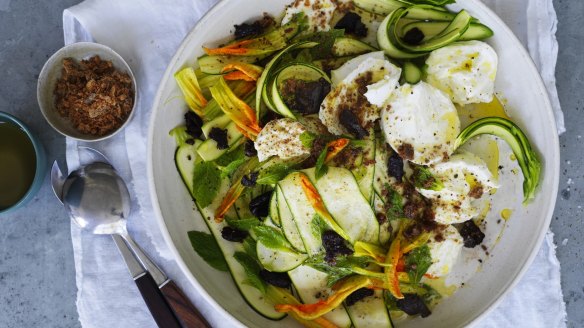 Zucchini and buffalo mozzarella salad with mint, dried olives and anchovy dust.