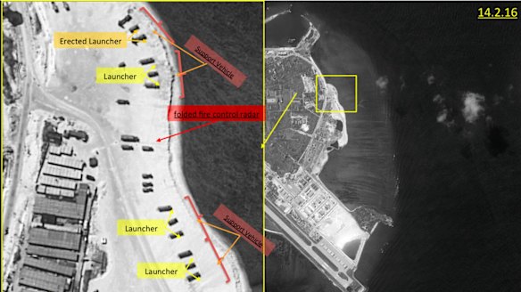 Satellite images of Woody Island, the largest of the Paracel Islands in the South China Sea. A US official confirmed China has placed a surface-to-air missile system on the island.