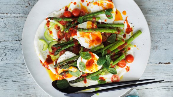 Neil Perry's pan fried Asparagus, poached eggs, yoghurt with Sriracha chilli sauce.