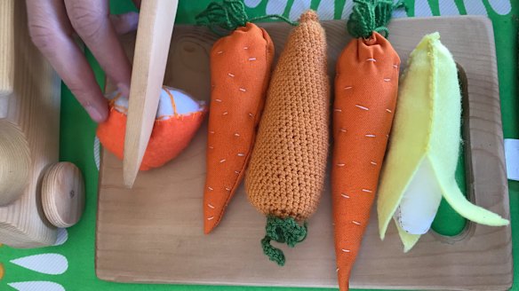 Training facilities for women in Gaza are slowly growing. At the Women's Centre in Umm al-Nasr they have learnt tailoring and how to make toys such as these vegetables.