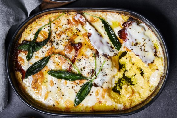 One tray cheesy baked polenta with pancetta and sage. 