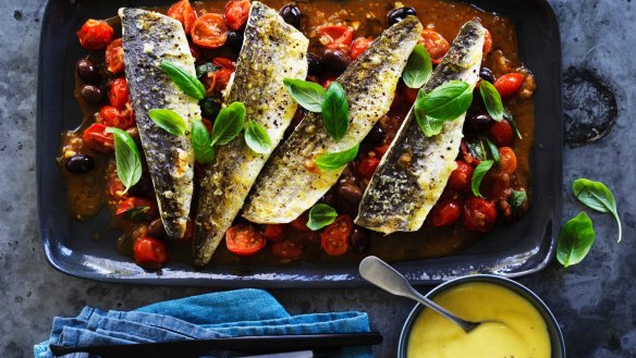 Neil Perry's grilled King George whiting with tomato, basil and olive sauce and aioli
