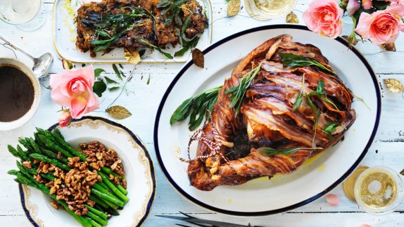 The bacon-wrapped roast turkey centrepiece (with pumpkin and fruit mince stuffing, top).