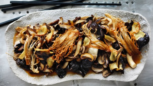 Kylie Kwong's stir fry of five mushrooms with soy and ginger. 