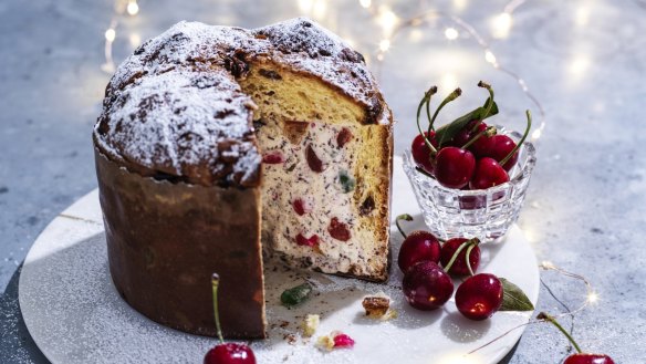 Ice-cream stuffed panettone with cherries 