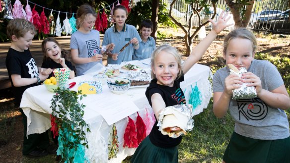 Erskineville Public School students will be serving up "democracy souvlakis" on election day in Sydney. L-R are Matthew and Emily Barker, Eadie Cullen, Anika and Bailey Gill, Lola and Lily Smith.  