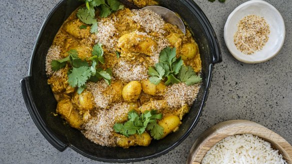 Creamy coconut curry with chicken and potatoes.