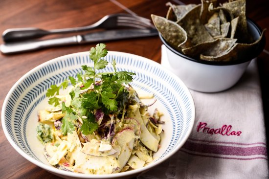 Coconut ceviche with blue corn chips features on Priscillas' veg-focused menu.